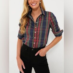 Rochelle Behrens The Icon Button Down Navy Plaid Collared Shirt Large